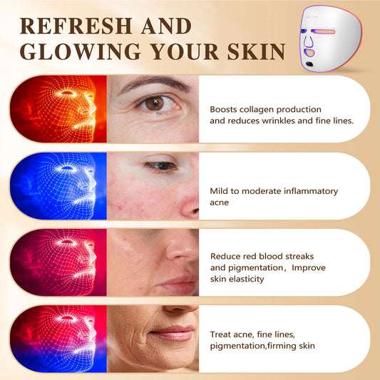 Wireless LED light therapy face mask with red and blue LEDs for skin rejuvenation and acne treatment