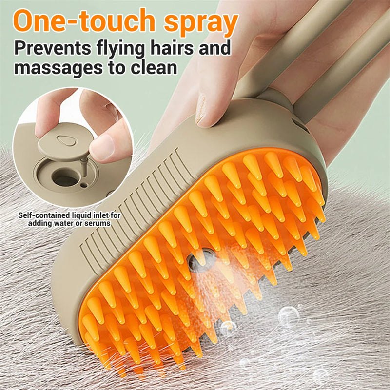 3-in-1 Electric Steam Pet Grooming Brush with silicone bristles and ergonomic handle