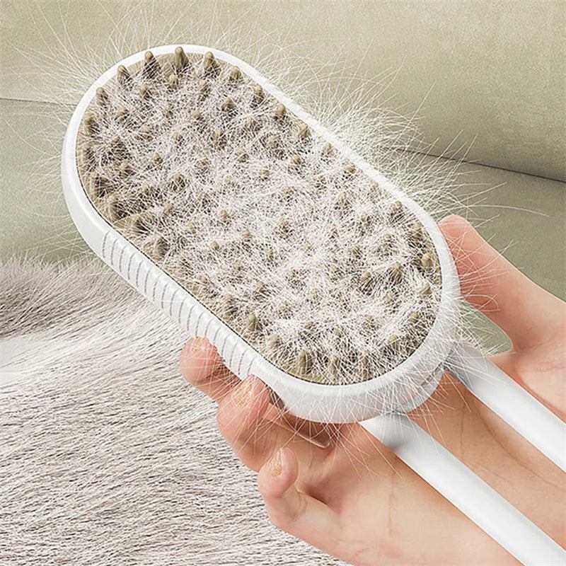 3-in-1 Electric Steam Pet Grooming Brush with steam spray and ergonomic handle for gentle detangling and shedding reduction
