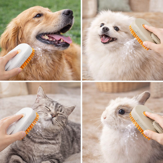 3-in-1 Electric Steam Pet Grooming Brush with steam spray and ergonomic handle in porcelain white