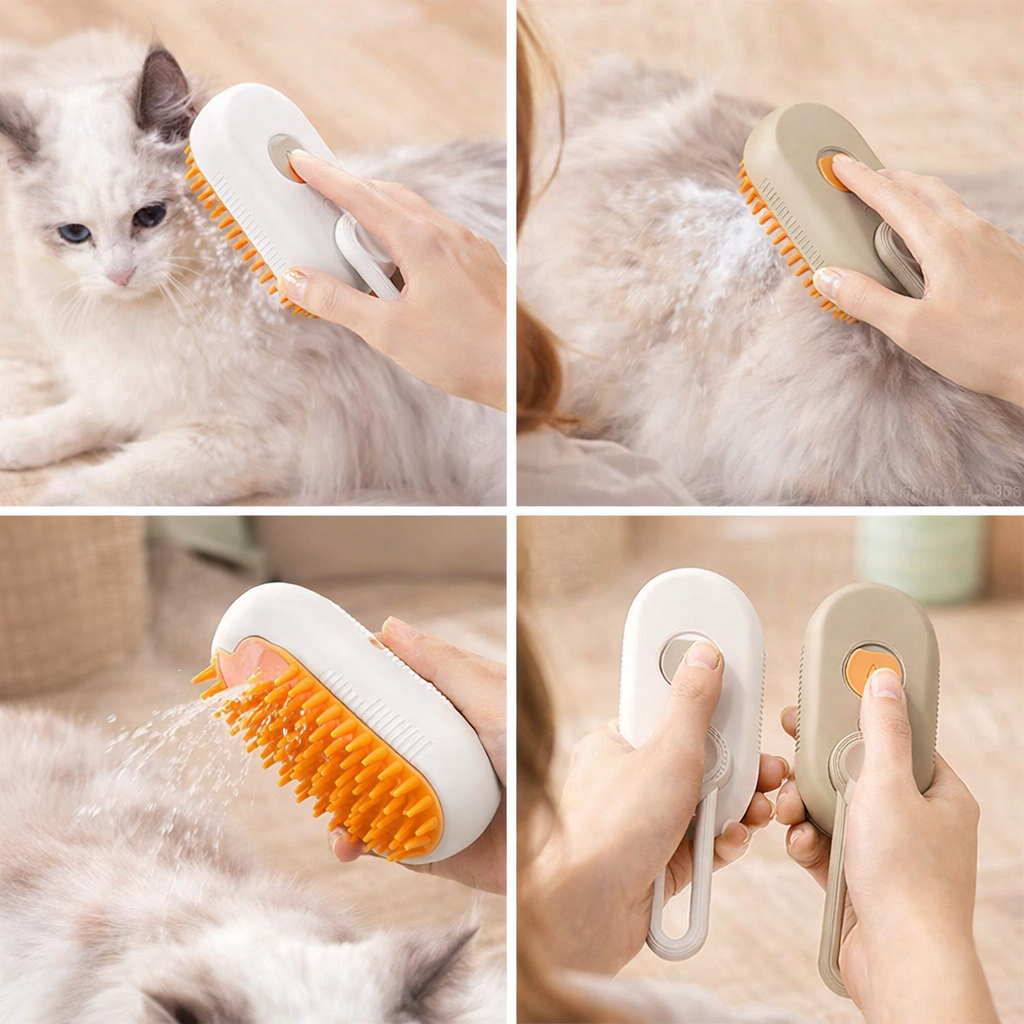 3-in-1 Electric Steam Pet Grooming Brush with steam spray and silicone bristles for reducing shedding and detangling